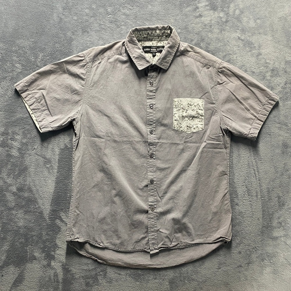 Sunday Work Clothes Button Down Shirt Mens Large Grey Floral Pocket Casual